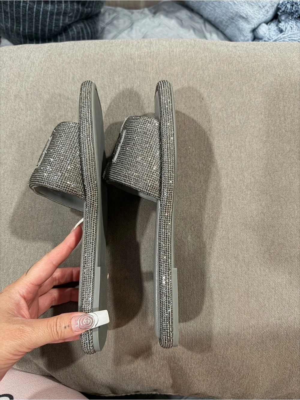Tory Burch Metallic Silver Logo Slide Sandals